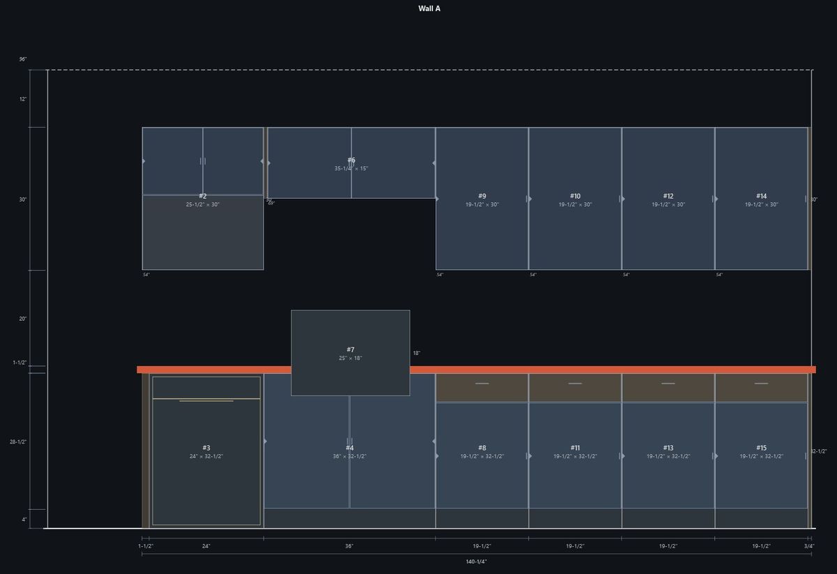Generated wall elevation with per-cabinet dimensions