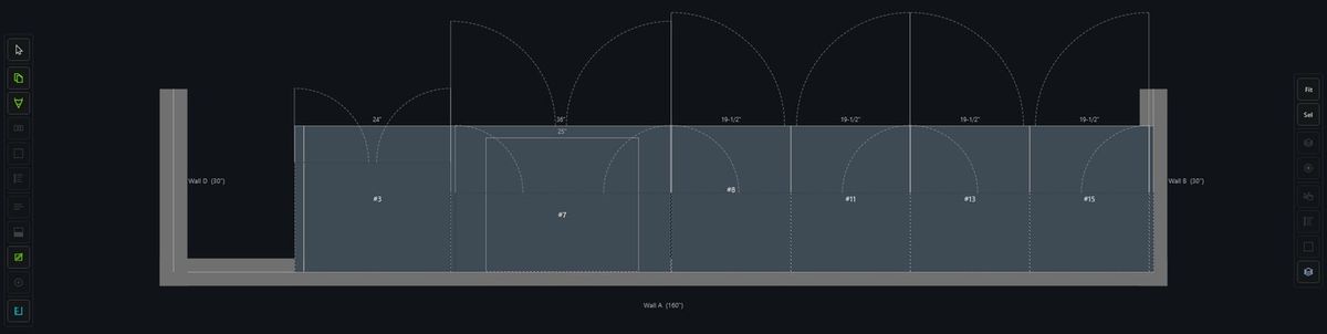Generated plan view with dimension chains and door swings