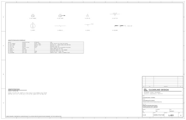 Block library sample set, sheet L-001: annotation blocks drawn at plot size