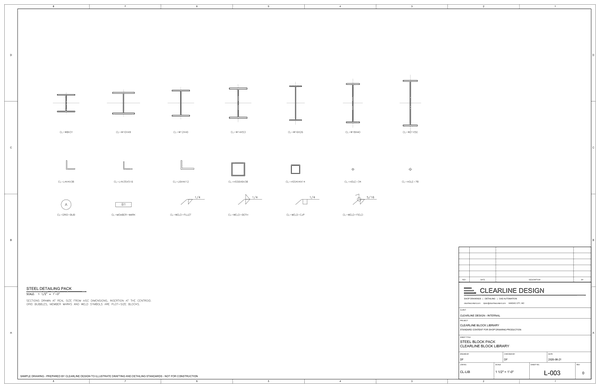 Block library sample set, sheet L-003: steel detailing pack with sections, marks and weld symbols