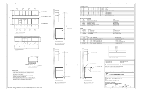 Casework sample sheet CW-101: break room cabinet elevation, plan, three sections and schedules