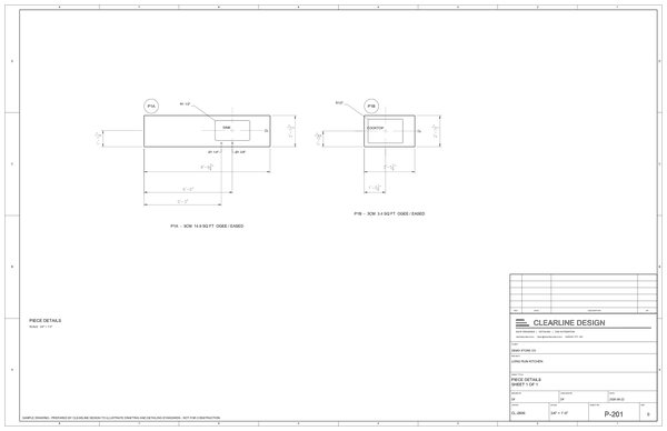 Generated quantities sample set, sheet P-201: piece details with square footage and cutouts