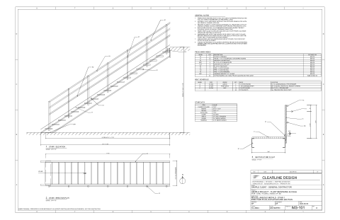 Stair and rail sample set, sheet MS-101: erection plan, stair elevation and section at mid flight with piece marks