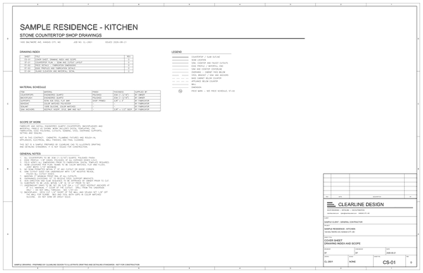 Stone countertop sample set, sheet 1: cover sheet with scope and material schedule