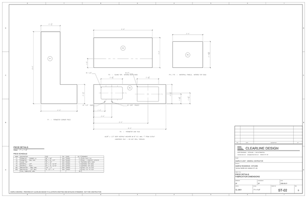 Stone countertop sample set, sheet ST-02: piece details with fabrication dimensions and piece schedule
