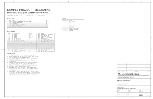 Structural steel sample set, sheet S-001: cover sheet with general notes and bill of material